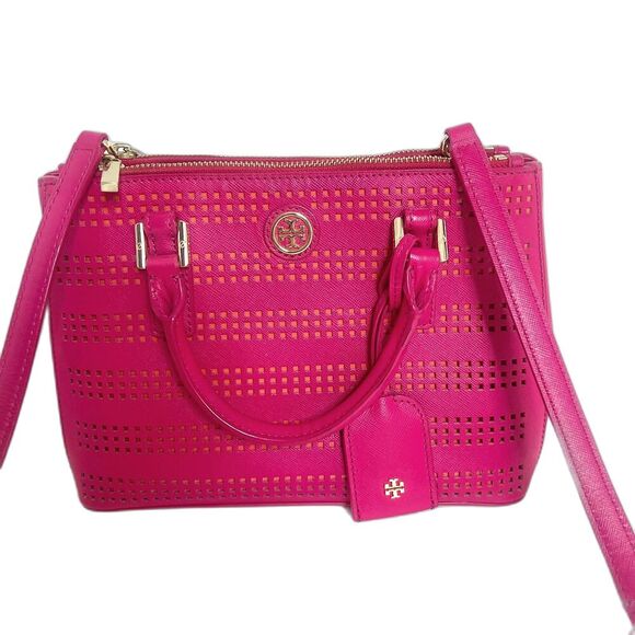 Tory Burch Robinson Fuchsia Double Zip Perforated Handbag Pink Leather Purse - Picture 2 of 14